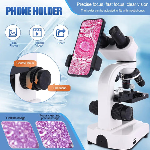 40X To 2500X Binocular Microscope For Adults And Kids With Mechanical Stage And Slides Kit And Phone Holder shown in use