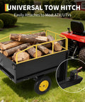 Heavy Duty Tow Behind Dump Cart Trailer For Lawn Care And Yard Work, 750 Lb Capacity, 17 Cu Ft Bed With Raised Sides attached to tractor