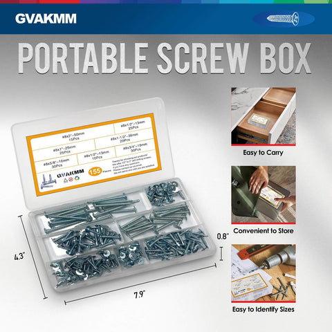 Versatile Sheet Metal Screws Kit With 155 Self Tapping Tek Screws In Six Sizes From Half Inch To Two Inches Zinc Plated