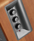Closeup of control panel on Powered Bookshelf Studio Monitors For Home Studio And Desk Setup 42 Watts RMS 2.0 Stereo