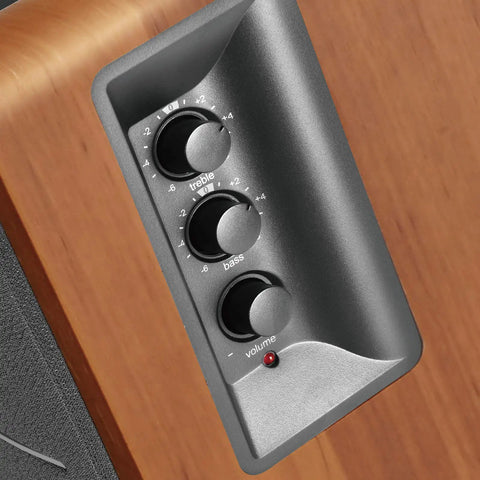 Closeup of control panel on Powered Bookshelf Studio Monitors For Home Studio And Desk Setup 42 Watts RMS 2.0 Stereo
