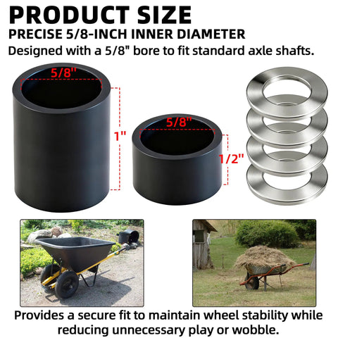 Tough As Nails Nylon Wheel Hub Spacers Kit Featuring 5 8 Inch Bore And Corrosion Resistant Extension Sleeves for carts showing precise sizes.