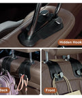 Sleek Double Purse Hook For Car, Universal Auto Seat Back Hanger with hidden hooks for bags, premium leather and alloy.