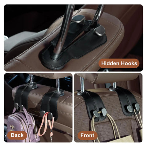 Sleek Double Purse Hook For Car, Universal Auto Seat Back Hanger with hidden hooks for bags, premium leather and alloy.