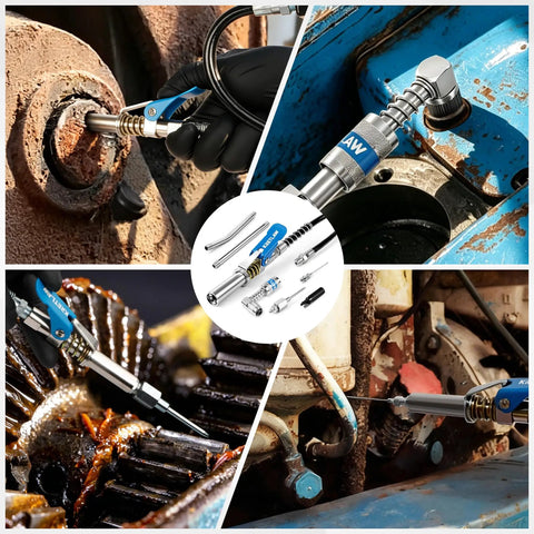 8 Piece Grease Gun Fittings Kit with 90 Degree Adapter, flexible hose, zerk cleaner shown in automotive and industrial use