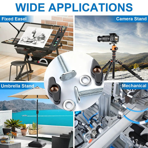 Wide applications of Wing Type T Slot Bolt Kit 10Pcs for table saw fence, easel, camera stand, umbrella stand, and mechanical setups.