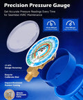 3 Way AC Manifold Gauge Set With 5 Ft Hoses For R12 R134a R502 R22 Systems, Pro Grade, High Accuracy 2.6 Inch Gauges, Includes R134a Couplers, 29 Degree Adapter, Piercing And Self Sealing Can Taps, Complete AC Service Kit. precision pressure gauge