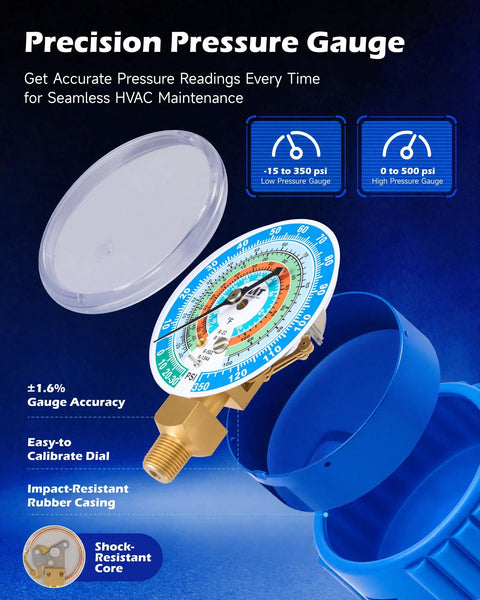 3 Way AC Manifold Gauge Set With 5 Ft Hoses For R12 R134a R502 R22 Systems, Pro Grade, High Accuracy 2.6 Inch Gauges, Includes R134a Couplers, 29 Degree Adapter, Piercing And Self Sealing Can Taps, Complete AC Service Kit. precision pressure gauge
