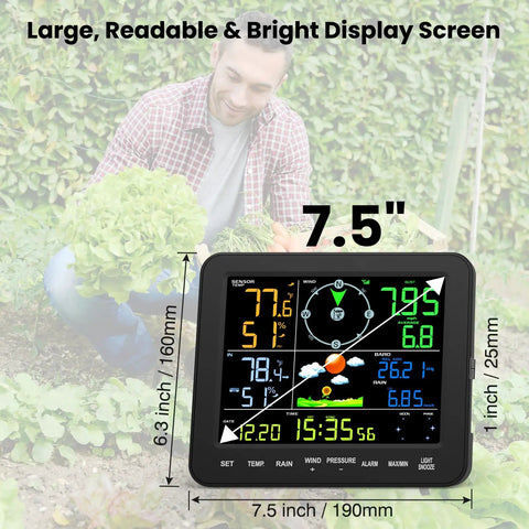 All In One Indoor Outdoor Weather Station With Rain Gauge And Wind Speed, Forecast, Temperature, Humidity, Moon Phase, Alarm Clock, Backlit 7.5 Inch Color Display, Easy To Read Large Display, No WiFi Needed showing in a garden setting