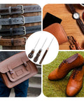 Badass Professional Grade Three Pack Leather Awl Tools With Grippy Gourd Shaped Wooden Handles For Precise Piercing Heavy Duty Leather Stitching And No Nonsense Shoe Repair Fix Ups with belts, shoes, and a bag.