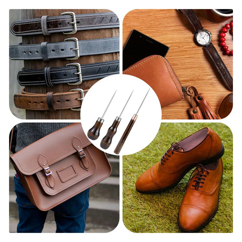 Badass Professional Grade Three Pack Leather Awl Tools With Grippy Gourd Shaped Wooden Handles For Precise Piercing Heavy Duty Leather Stitching And No Nonsense Shoe Repair Fix Ups with belts, shoes, and a bag.