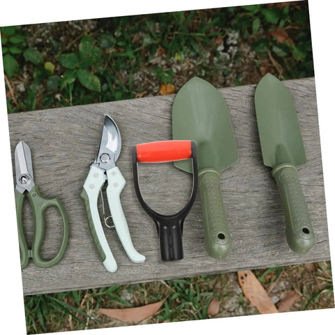 D Shaped Shovel Handle Replacement With Easy Install for Snow Shovels and Rakes alongside gardening tools on a bench