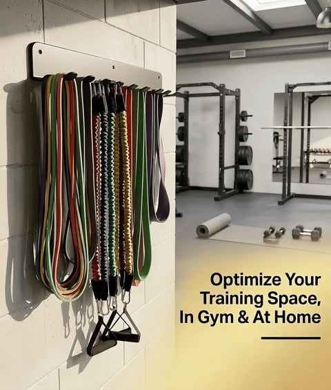 Upgraded Nine Hook Wall Mount Gym Storage Rack holding resistance bands in home gym