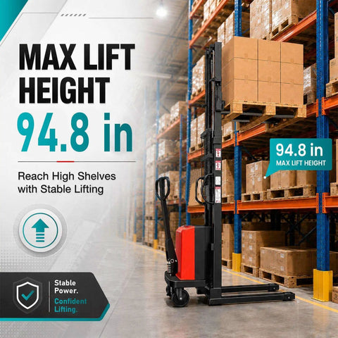 Heavy Duty 3300 Lbs Semi Electric Pallet Stacker And Narrow Pallet Jack For Tight Aisles, showing max lift height of 94.8 inches in warehouse.