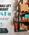 Heavy Duty Semi Electric High Lift Pallet Stacker, Smooth Operator Warehouse Jack For Loading Docks And Supermarkets, 3300 Lb Capacity Workhorse with max lift height 94.8 in.