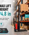 Heavy Duty Semi Electric Pallet Stacker With 3300 Lb Capacity in a warehouse with max lift height of 94.8 inches.