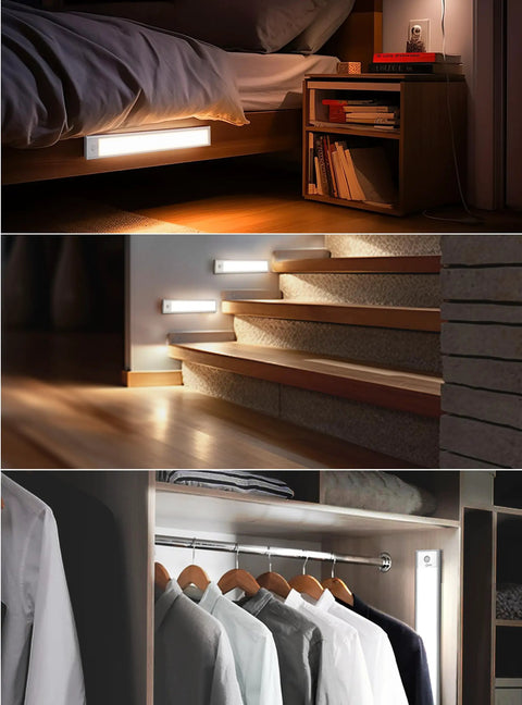 3 Pack Magnetic LED Motion Sensor Under Cabinet Lights 7 Inch Light Bar in dark room settings, including bedroom, stairs, closet.