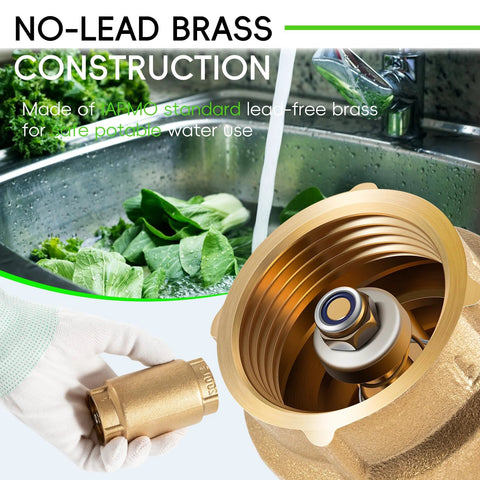Front view of 1-inch brass check valve with backflow preventer, FNPT × FNPT, no-lead brass