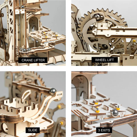 Marble Run 3D Wooden Puzzle Kit For Adults Hands On Brain Teaser And DIY Model Build Fortress Edition Educational STEM Craft For Grownups Portable Display Ready Complex Mechanisms Educational Toy For Adults, wooden crane lifter and wheel lift