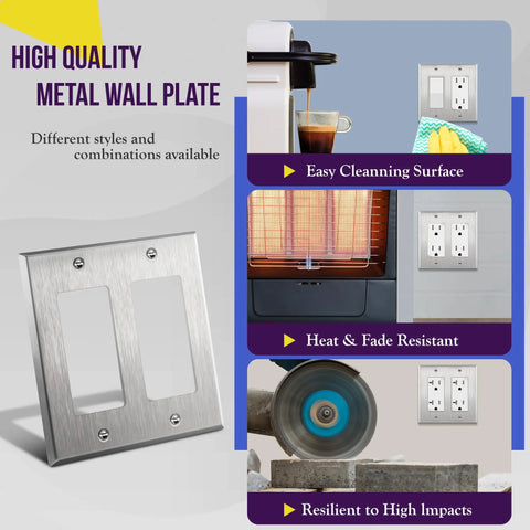 Heavy Duty Stainless Steel 2-Gang Wall Plate 4.50 By 4.57 Inches shown with easy cleaning and heat resistant features