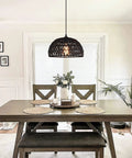 Dining room with Black Woven Pendant Light Boho Chandelier With Wicker And Rattan Dome Pendant, natural coastal style.