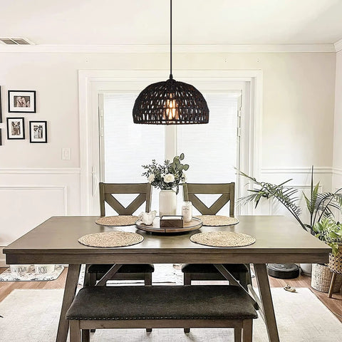 Dining room with Black Woven Pendant Light Boho Chandelier With Wicker And Rattan Dome Pendant, natural coastal style.