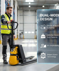 Super Heavy Duty Electric Pallet Jack With 4400 Lb Capacity And Dual Drive Modes For Tough Warehouse Work That Cracks Like A Whip in warehouse, manual and electric switch feature.