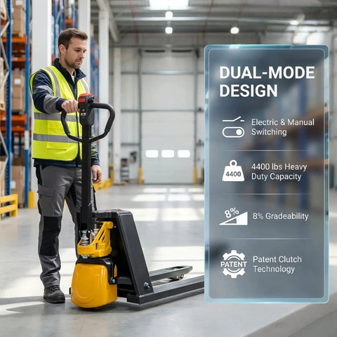 Super Heavy Duty Electric Pallet Jack With 4400 Lb Capacity And Dual Drive Modes For Tough Warehouse Work That Cracks Like A Whip in warehouse, manual and electric switch feature.