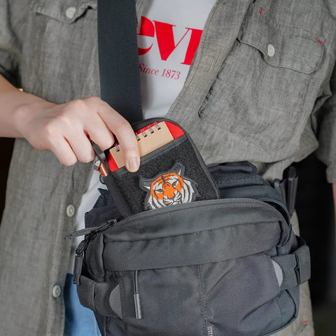 Person using Dope EDC Pouch for Men, Pocket Organizer and Front Pocket Keeper, Nylon Multitool Utility Pouch with D Ring, Patch Area