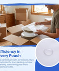 100 Piece Foam Pouches For Fragile Dishes And Glassware, Double Sided Cushioning Sleeves Protect Cups Mugs And Bowls During Moving, Shipping Or Storage, 11.8 Inch Square Foam Wraps For Breakable Tableware. White EPE foam pouch wrapping stacked plates in a moving box.
