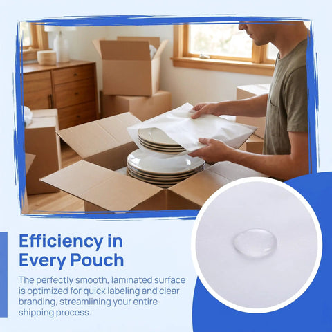 100 Piece Foam Pouches For Fragile Dishes And Glassware, Double Sided Cushioning Sleeves Protect Cups Mugs And Bowls During Moving, Shipping Or Storage, 11.8 Inch Square Foam Wraps For Breakable Tableware. White EPE foam pouch wrapping stacked plates in a moving box.