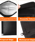 Close-up of Stealth Nesting Fireproof Cash Bag Two Pack With Large And Small Inner Pouches showing aluminum foil, velcro, edge, zipper.