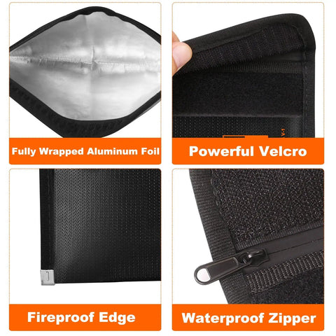 Close-up of Stealth Nesting Fireproof Cash Bag Two Pack With Large And Small Inner Pouches showing aluminum foil, velcro, edge, zipper.