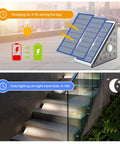 Motion Sensor Solar Waterproof LED Lights for Outdoor Stairs and Pathways illustrating charging and night illumination.