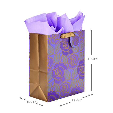 Large Purple Floral Gift Bag With Gold Foil Accents, Satin Ribbon Handles, And Purple Tissue Paper, 13 Inch Tall for all occasions