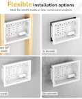 Recessed In Wall TV Media Box With Ventilated Cooling To Hide Streaming Boxes And Routers For A Straight Fire Media Setup Supporting Up To 22 Lbs For A Clean Cable Tangle Free Install shown in various installation options on wood studs, drywall, and concrete.