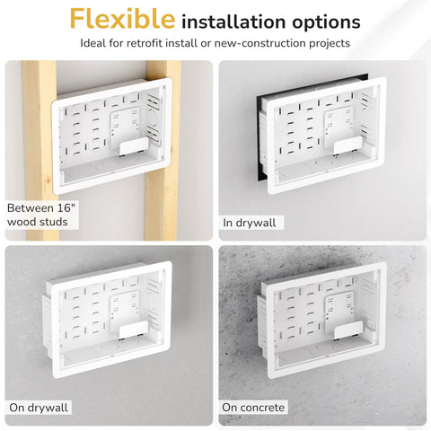 Recessed In Wall TV Media Box With Ventilated Cooling To Hide Streaming Boxes And Routers For A Straight Fire Media Setup Supporting Up To 22 Lbs For A Clean Cable Tangle Free Install shown in various installation options on wood studs, drywall, and concrete.