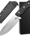 Rugged AUS 10 Fixed Blade Knife With Carbon Fiber Handle, full tang, Kydex sheath in black, displayed on a black box