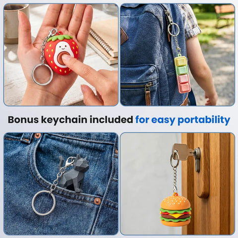 50 Piece Clicky 3 Pin Mechanical Switch Kit For 3D Printing Upgrades With Pre Lubed Switches And 10 Metal Keychains Delivering Crisp Clicks And Strong Tactile Bump For Keyboard Builds And DIY Fidget Toys. Bonus metal keychain fidget toys shown in hand, on bag, pocket, and door.