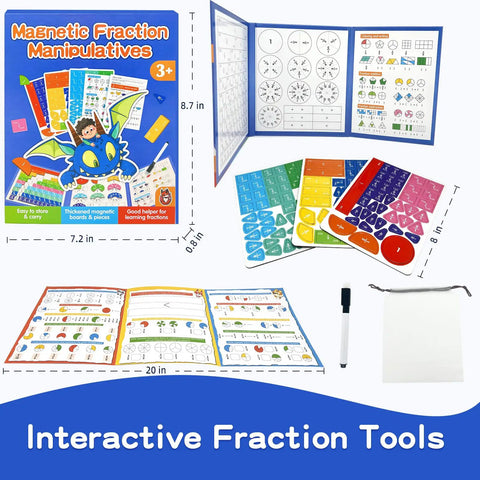 Magnetic Fraction Tiles And Circles Set With Dry Erase Board For Visual Math Learning displayed with bag and marker