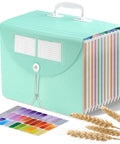 Slick 13 Pocket Accordion Expanding File Folder Crafted From Eco Friendly Wheat Straw BPA Free Document Organizer in mint green with colorful tabs.