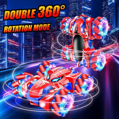 Front view: two red Spider-style RC cars with LED wheels, 4WD, 360° rotation, indoor toy
