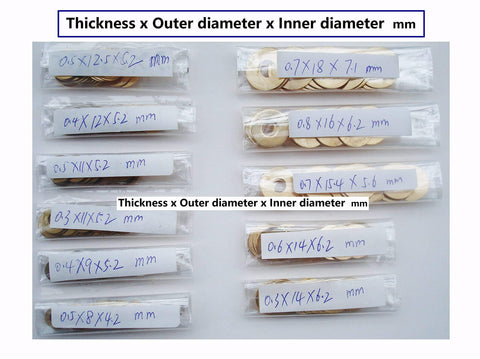 EDC Pocket Knife Brass Washer Gasket Replacement Set For C81 C223 C85 Pivot Pin Washers Meson Shim Gasket Cushion Pad Ring 0.3x11x5.2 mm Pack Of 20 Pieces with labeled packages of various sizes.