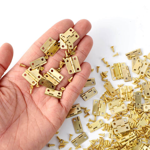 Hand holding 100 Piece Tiny Dollhouse Hinges Set With 180 Degree Mini Metal Hinge Hardware And 400 Screws for wooden projects