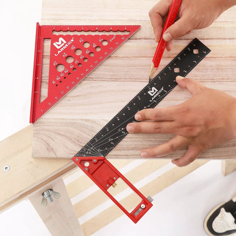 Rafter Square 7 Inch and Framing Square 12 Inch Carpenter Set in use on wood, showing accurate angle measurement, aluminum CNC machined.