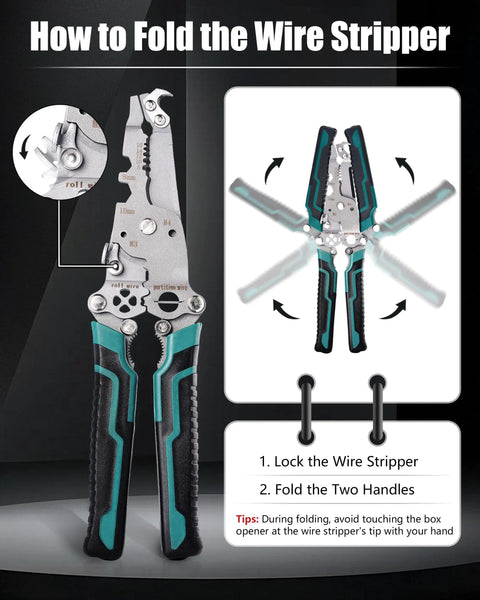 18 In 1 Foldable Wire Stripper Kit with Crimping Pliers Cutter Twister and Splitting Tool in folding steps diagram