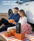 Couple with L4 Tire Inflator Portable Air Compressor 150 PSI on picnic, car in background, showcasing quick inflation feature.