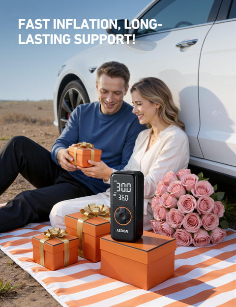 Couple with L4 Tire Inflator Portable Air Compressor 150 PSI on picnic, car in background, showcasing quick inflation feature.