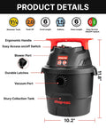 Compact Wet Dry Vacuum With 2 Point Zero Peak Hp Motor And 1 Point Five Gallon Bucket showing durable collection tank and ergonomic handle.