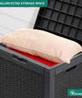 Open 32 Gallon Outdoor Storage Box With Lockable Lid And Side Handles, Waterproof Resin Rattan Deck Box showing cushion storage.